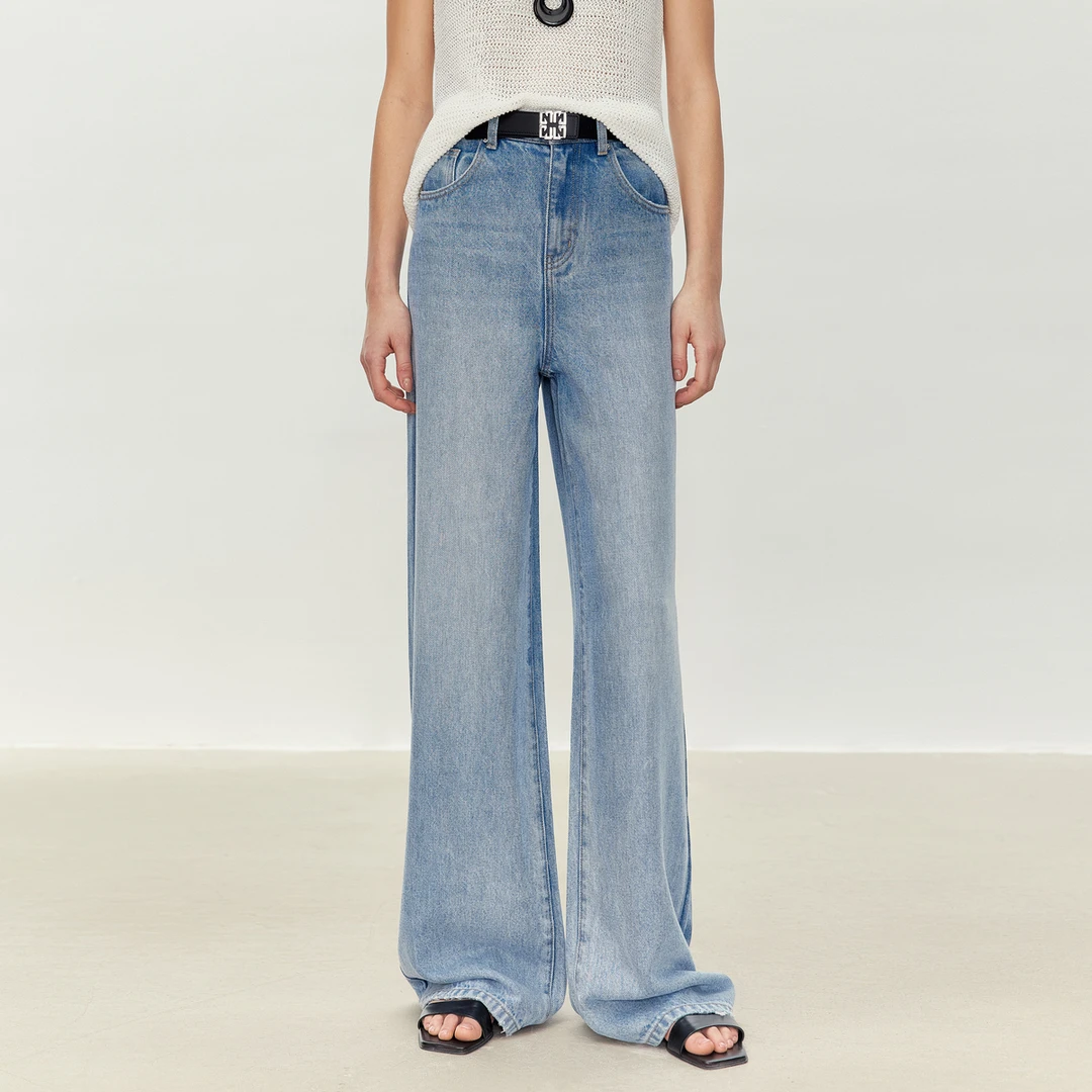 LYNEE 樱桃刺绣高腰简约直筒牛仔裤女百搭休闲 LGD2FSN003