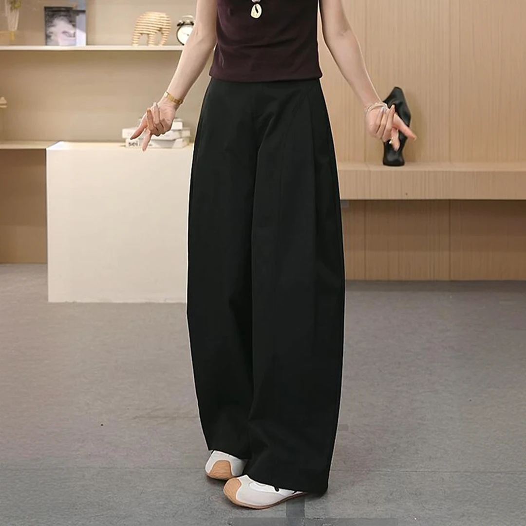 贝斯裤女~潮流侧压褶阔腿裤25年秋季新款宽松阔腿裤卡其色女裤子