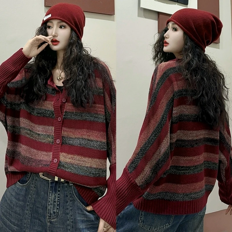 亿火25新款复古彩色条纹针织开衫女拼色长袖毛衣外套上衣-688325