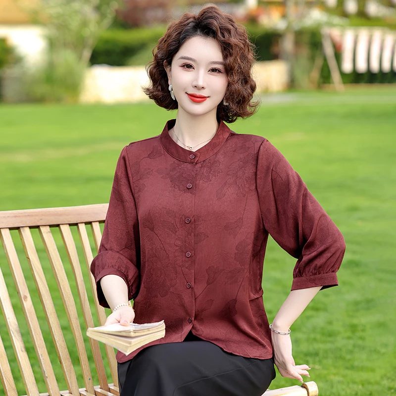 时尚高贵大气妈妈装夏季新款立领中老年女装衬衫圆领休闲小衫