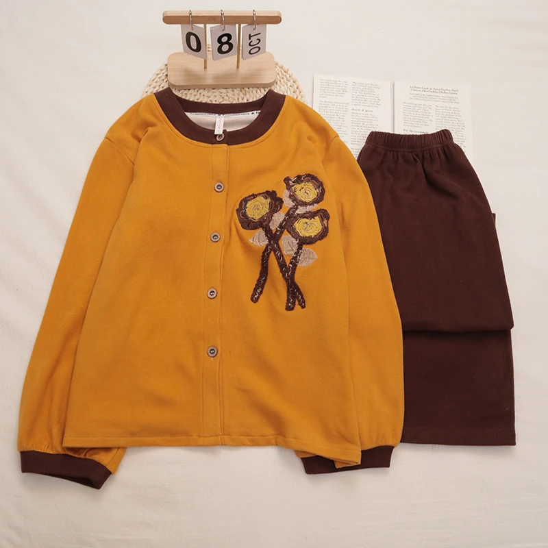 睡衣女士冬季暖绒开衫长袖长裤休闲甜美宽松大码可外穿家居服套装