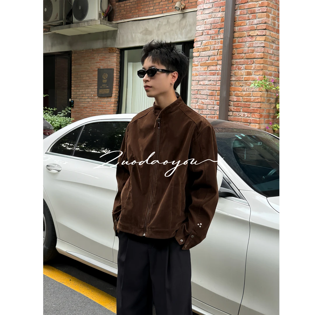 【老钱风松弛感】”摩登年代“复古绒皮工艺立领哈灵顿夹克外套男女潮