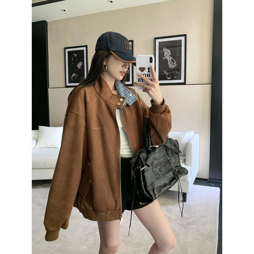 秋季复古美式学院风格子拼接麂皮绒外套女2025新款休闲棒球服夹克