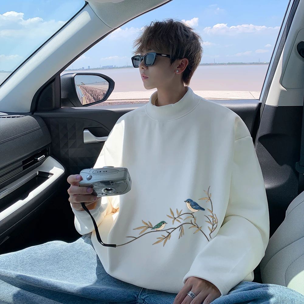 国潮风内搭加厚秋冬季双面磨毛内搭长袖T恤生半高领ins加绒打底衫