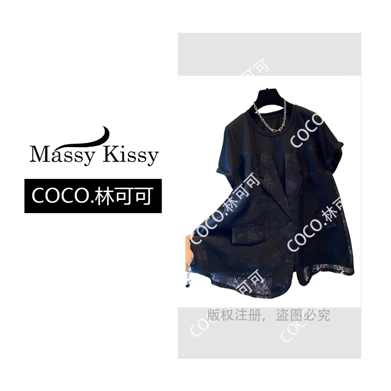 【COCO林可可】夏季新款拼接蕾丝假两件T恤女大码宽松显瘦短袖上衣