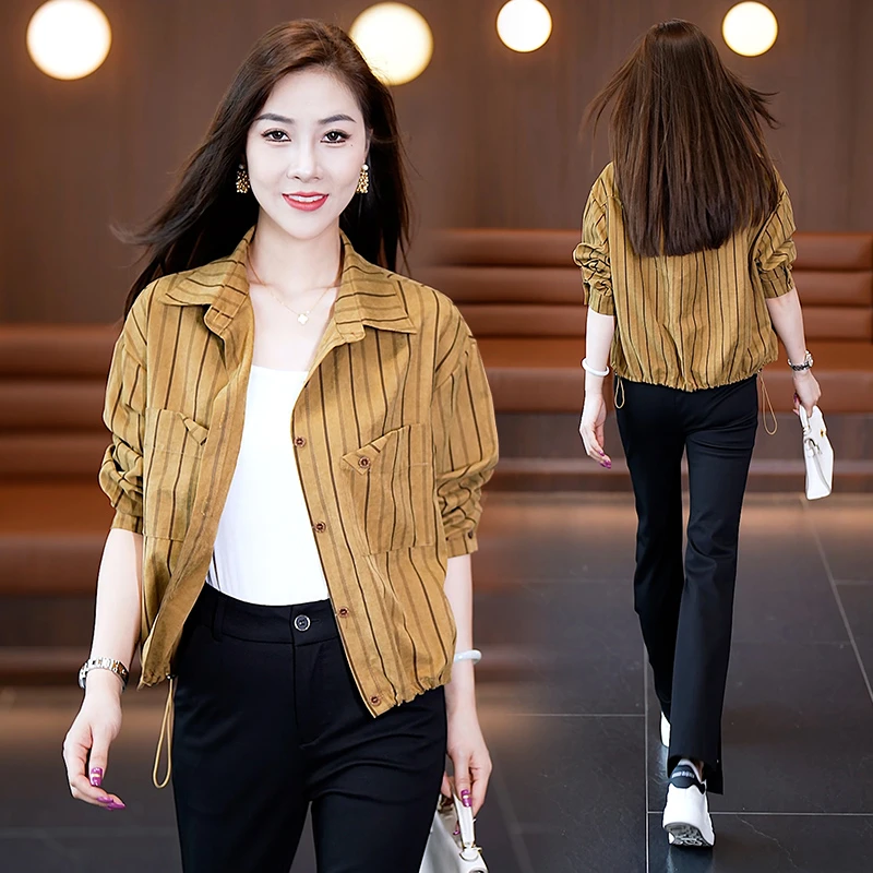 长袖条纹衬衫外套女春秋薄款2025新款春季女士宽松短款休闲小上衣