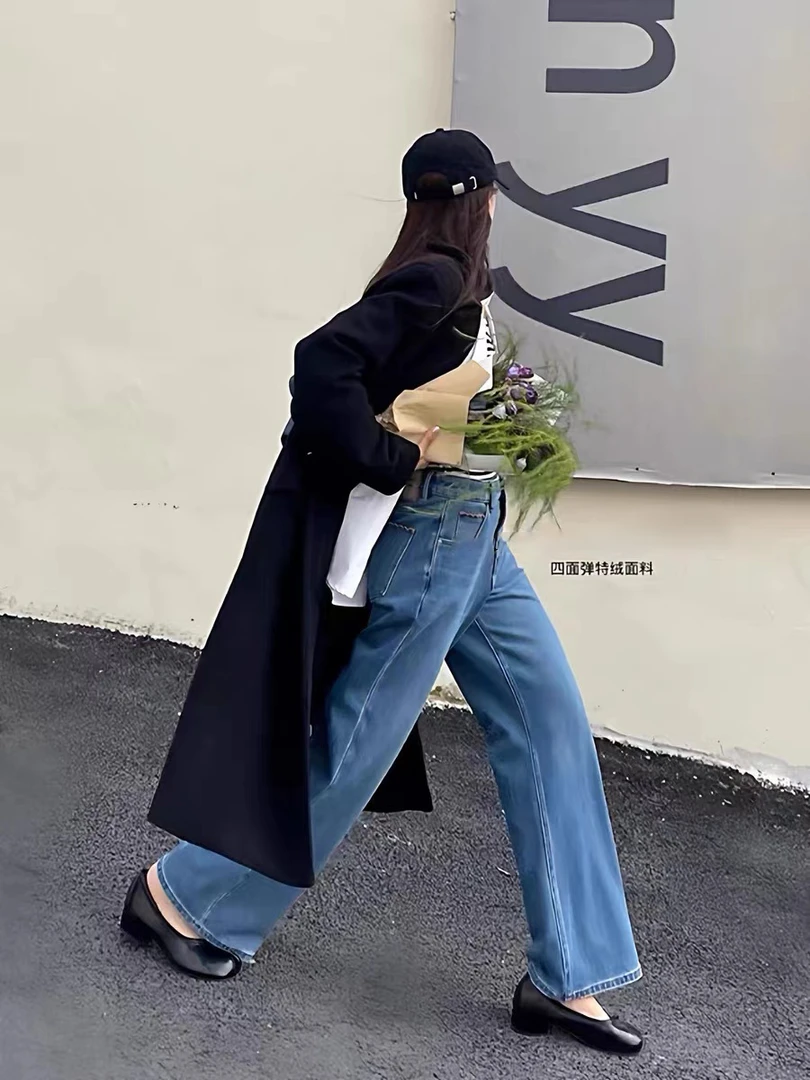 85906 平平 冬季森调特绒高腰十分窄版直筒阔腿牛仔裤