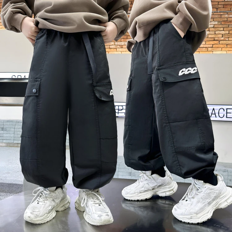 男童宽松工装直筒裤2025新款中大童春秋阔腿休闲儿童长裤松紧带裤