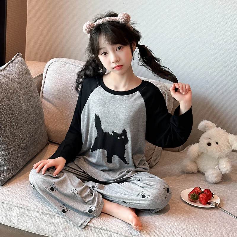 莫代尔卡通印花睡衣女童春秋季儿童圆领套头家居服女孩夏季空调服