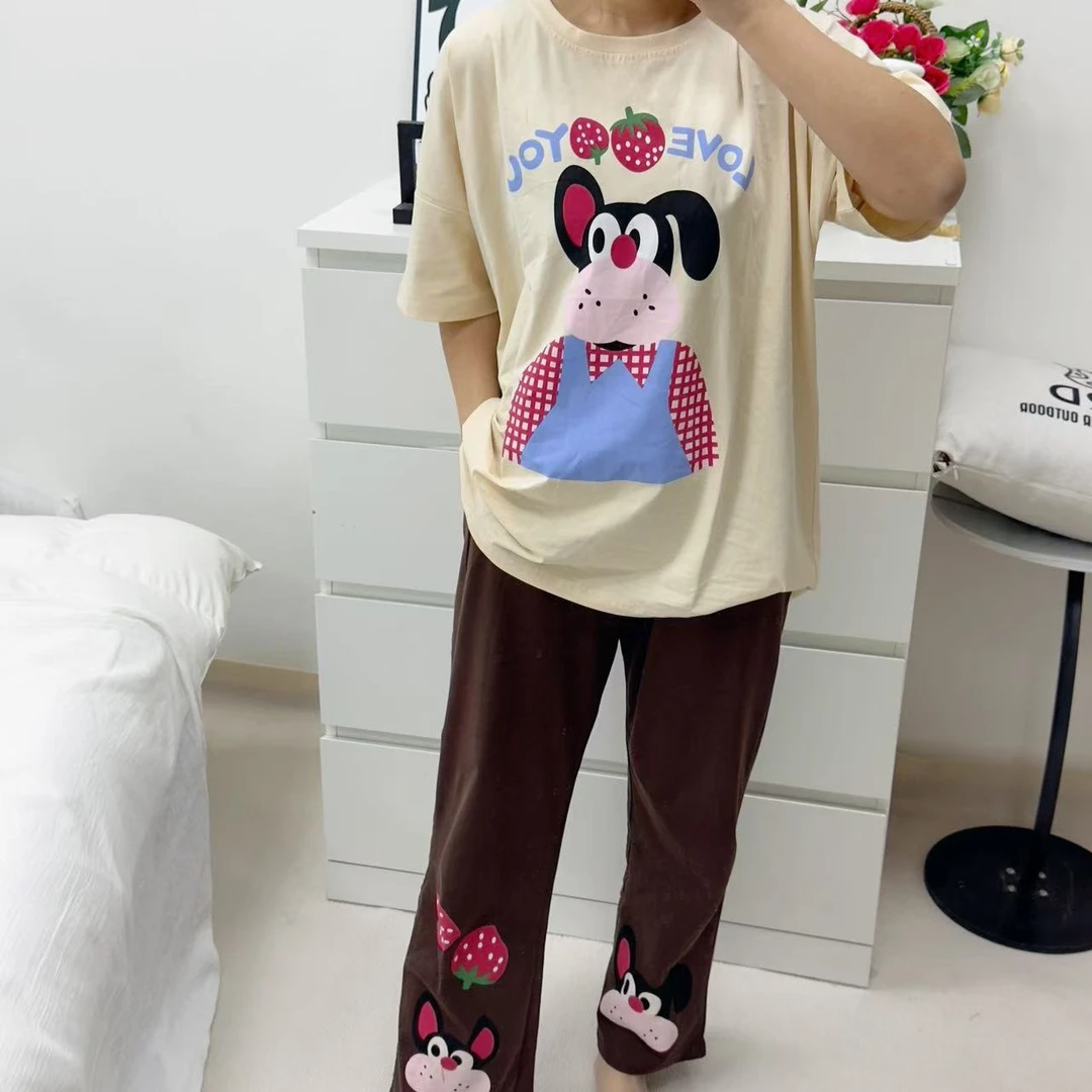 新款卡通印花短袖长裤女士宽松休闲家居服圆领大码时尚睡衣两件套