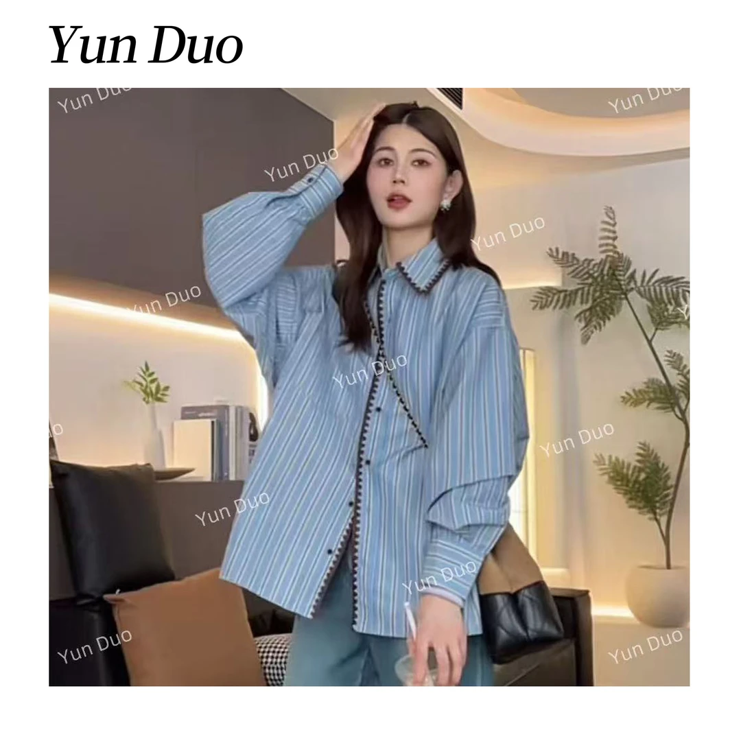 云朵定制【海盐曲奇】重工勾边刺绣蓝色条纹衬衫LE35