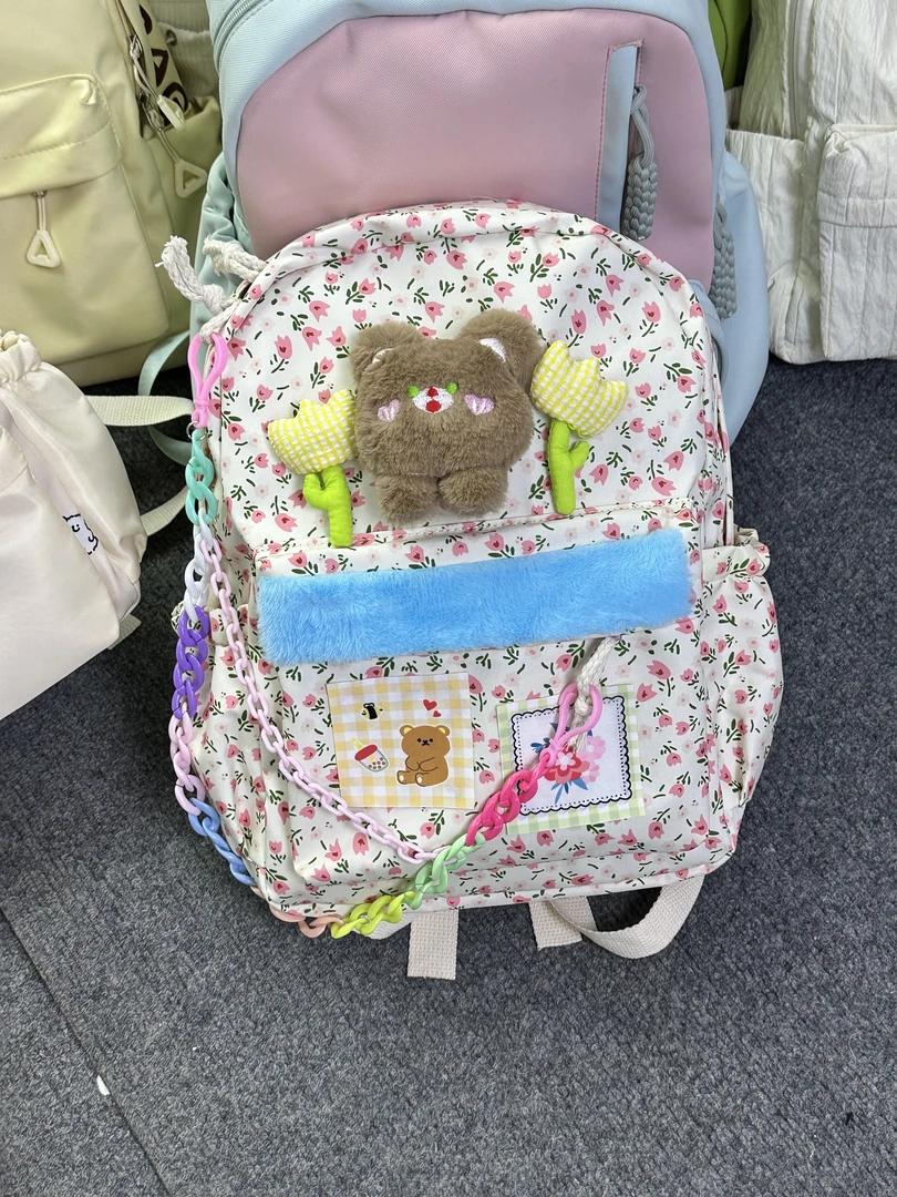 春游书包初中洋气可爱碎花软萌小熊双肩包小学生高中大容量背包女