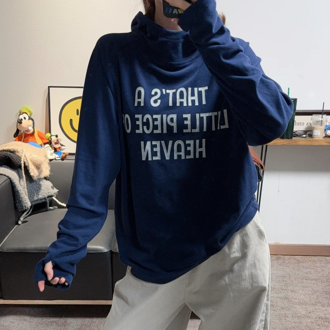 2025冬季新款超好看藏青色字母半高领连帽双面绒露指打底T恤女