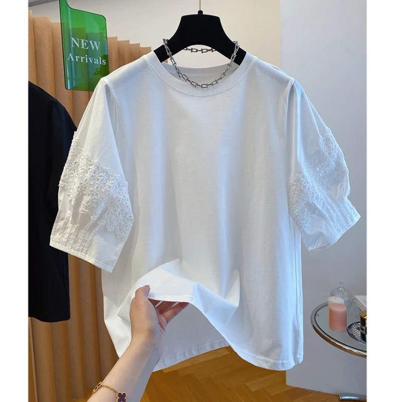 超好看蕾丝衬衫袖拼接t恤女短袖2025新款宽松洋气泡泡袖小衫上衣