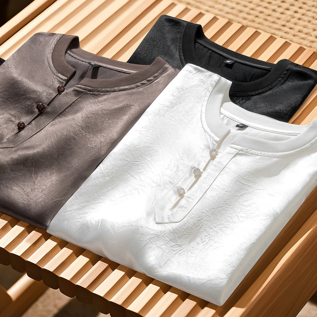 夏季奢华新中式垂顺抗皱冰丝100%醋酸轻薄凉感男士亨利领短袖t恤