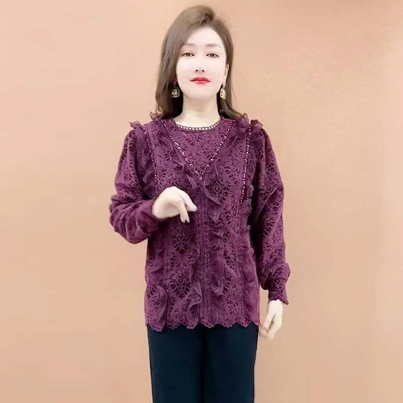 春秋新款减龄镶钻蕾丝打底衫洋气显瘦时尚百搭圆领女士妈妈装上衣