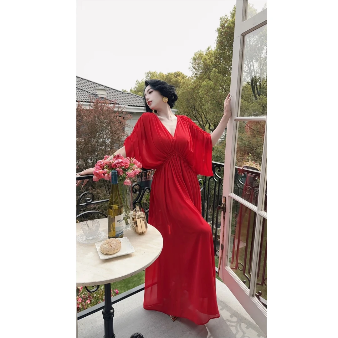 LYXJ【马蒂斯之旅】红色出游度假连衣裙雪纺抽皱度假裙11838