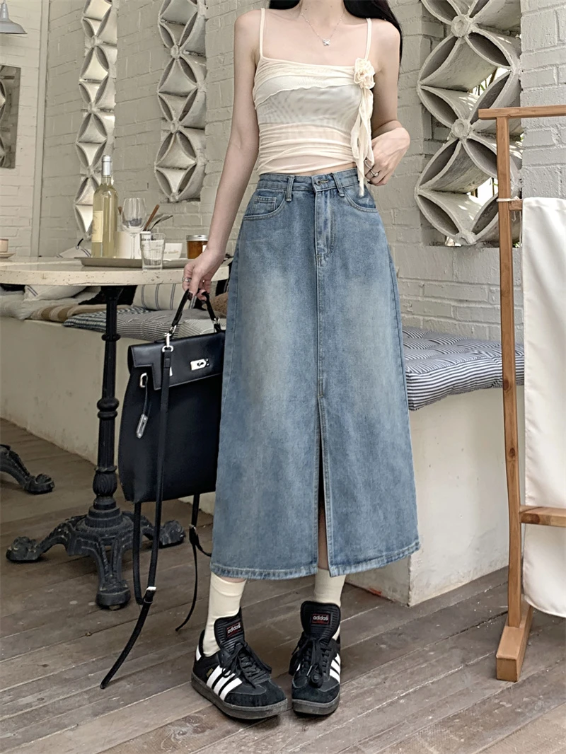 牛仔半身裙女高腰包臀裙2024夏季新款复古直筒宽松a字中长款半裙