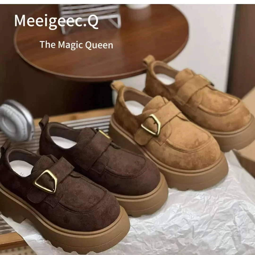 SUSU 粗跟厚底一字带磨砂绒面乐福鞋女鞋 3069