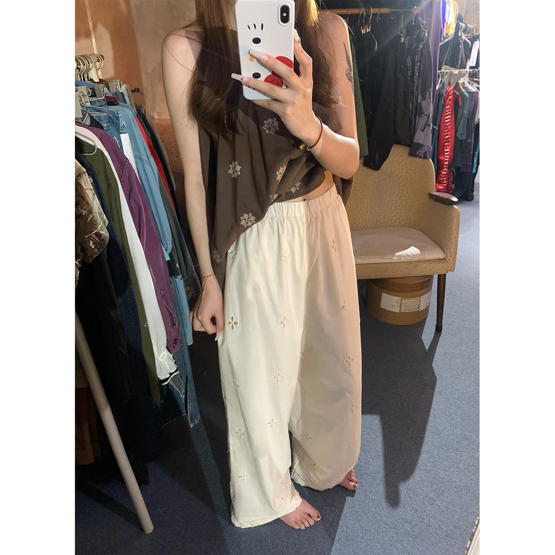 设计感镂空蕾丝拼接阔腿宽松休闲裤女夏季高腰宽松阔腿裤直筒长裤