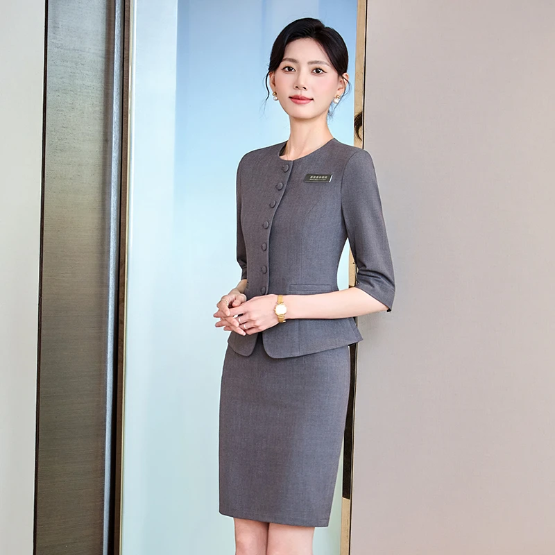 灰色西装套装女正装职业西服工装气质修身通勤女神范中袖工作服