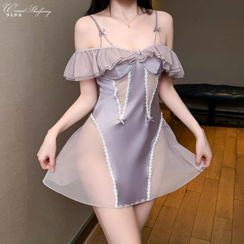 缎面网纱侧边镂空诱惑性感睡裙蕾丝花边结点缀纯欲睡衣