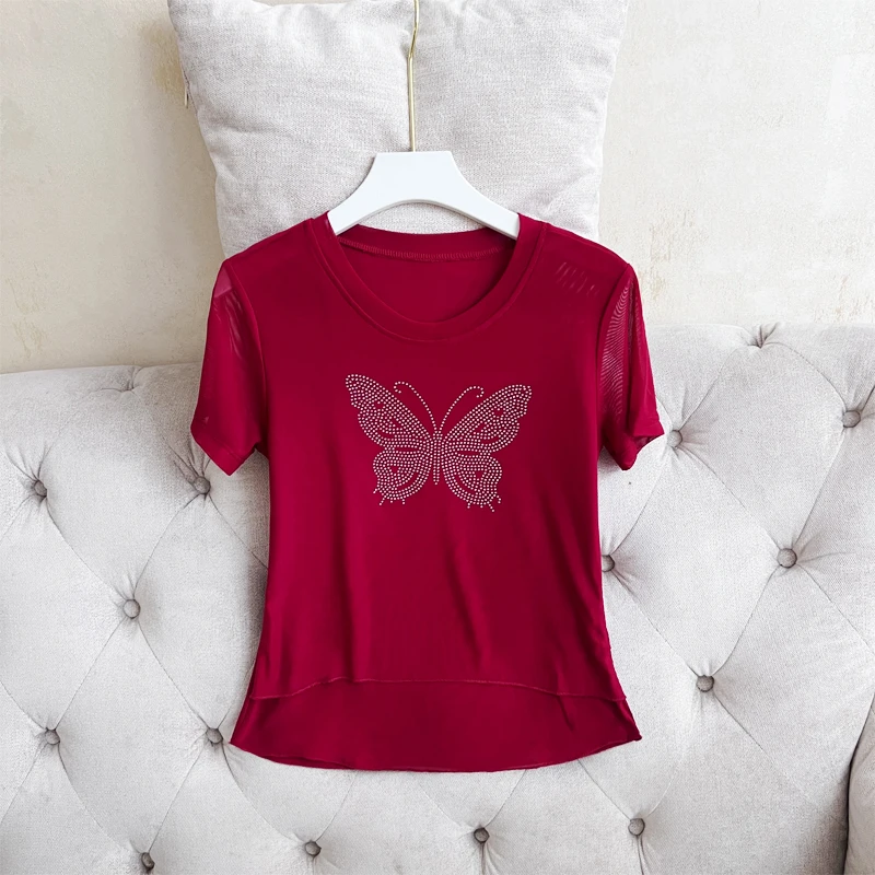 广场舞上衣休闲T恤女夏冰感运动双层网纱大码弹力透气跳舞上衣