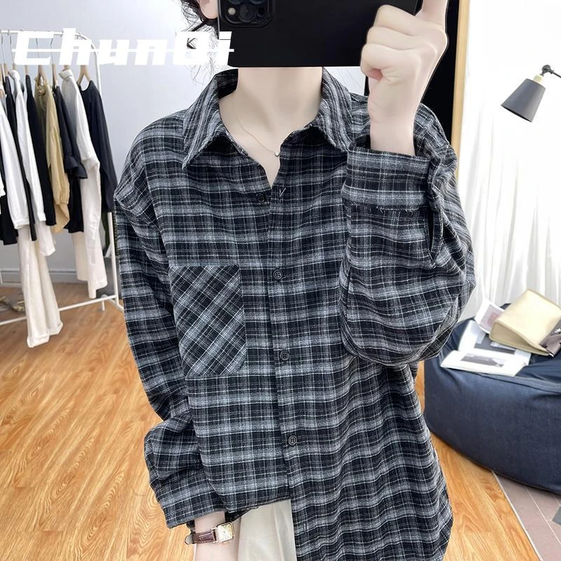 淳启松弛感小众宽松衬衫外套春秋款咖啡色复古格子慵懒风长袖上衣