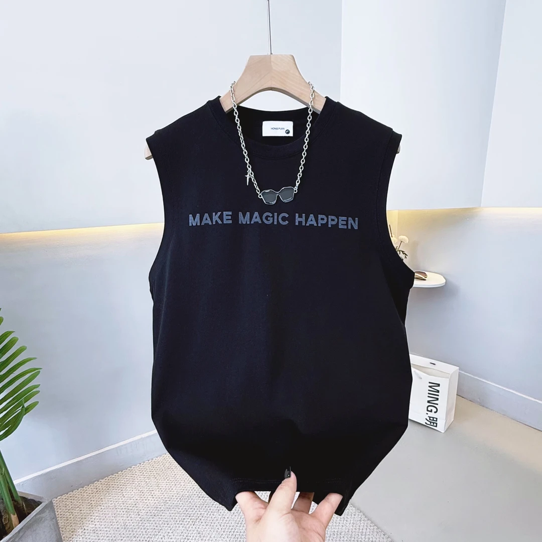 夏季复古印花无袖宽松透气背心潮男运动休闲纯色时尚ins潮流