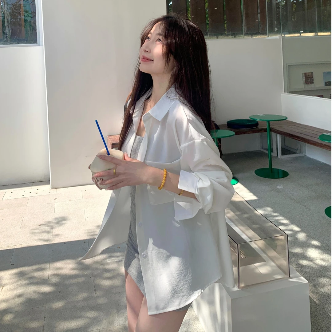 2025新款薄款纯色衬衣女肌理感防晒设计感款长袖显瘦衬衣百搭