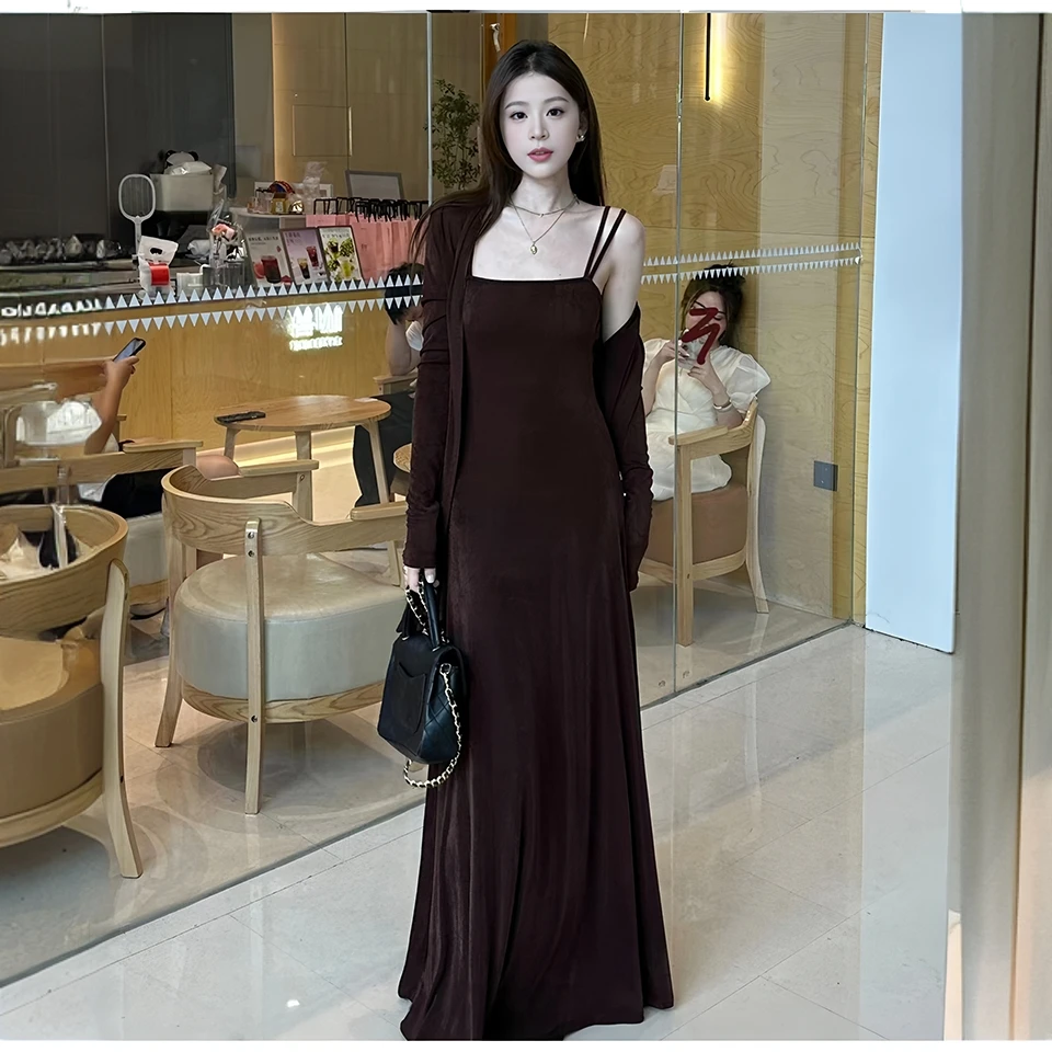 春夏两件套双肩长袖针织吊带连衣裙宽松露肩冰丝气质薄款8035