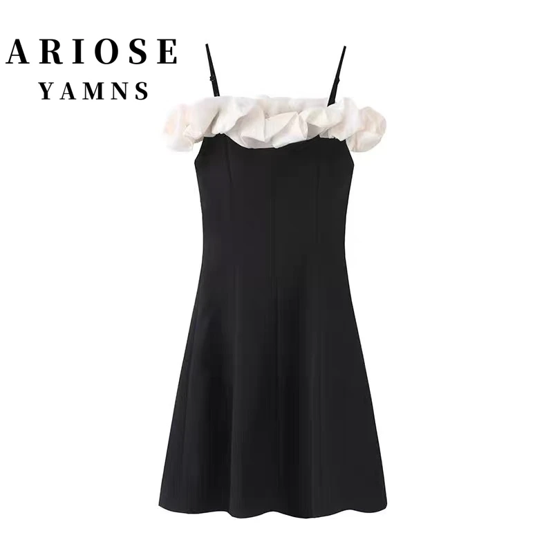 艾诺丝商场同款气质吊带小黑裙撞色荷叶边连衣裙显瘦夏季女士法式