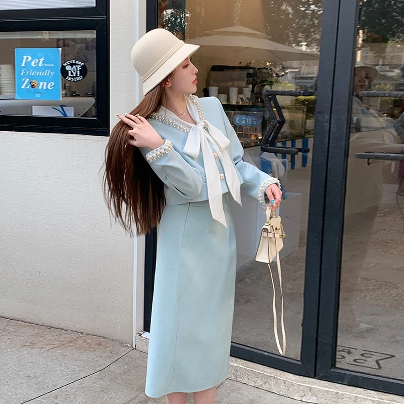 冰冰来了【香阀世家】法式重工钉珠短款小香外套高腰短裙套装26251