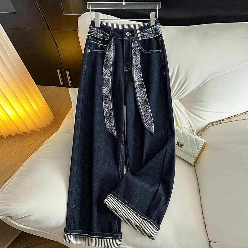 丹宁蓝条纹翻边牛仔直筒裤女秋季2025新款松弛感弯刀裤宽松阔腿裤