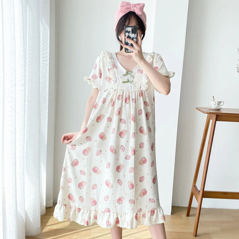 3034气质睡衣韩版女夏季大码睡裙宽松长裙加大加宽凉快舒适碎花