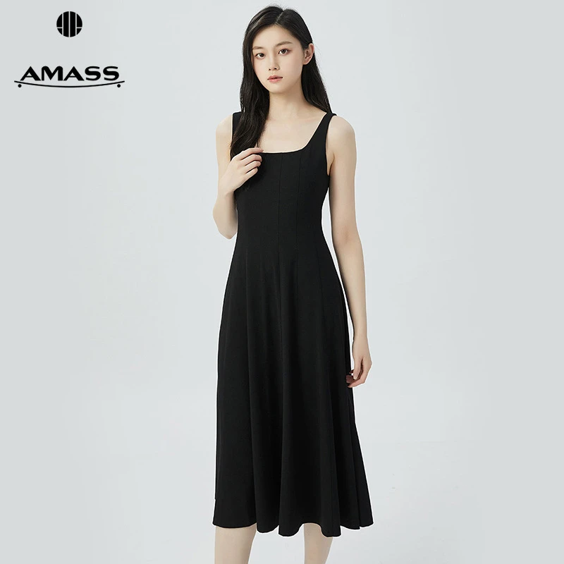 阿玛施AMASS新款女装复古气质纯色无袖连衣裙长裙收腰洋装5500546