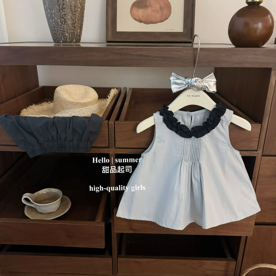 【甜品起司】诺丁山！女童韩系洋气学院风木耳边背心短裤甜美套装