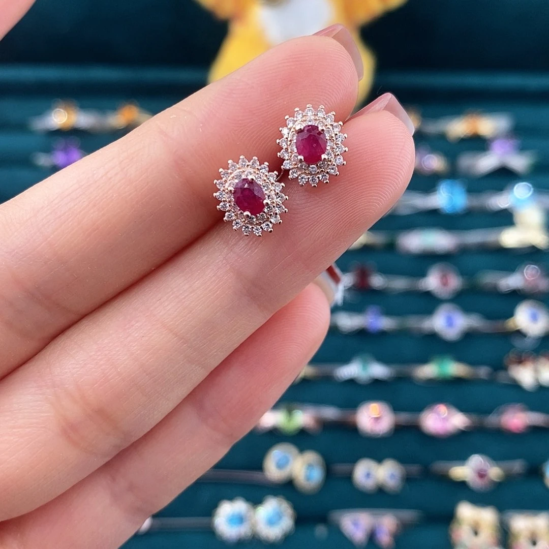 银S925镶嵌耳饰红宝石耳钉