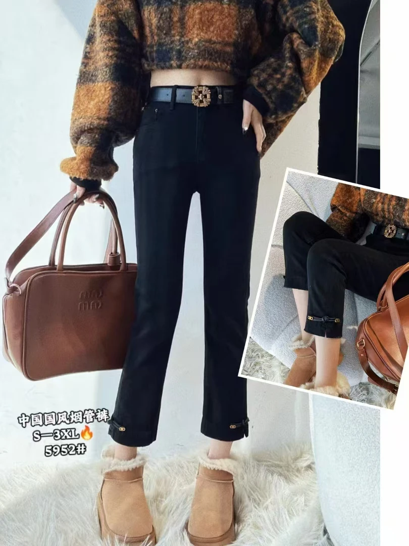 春季新款高腰显瘦直筒九分烟管裤修身休闲