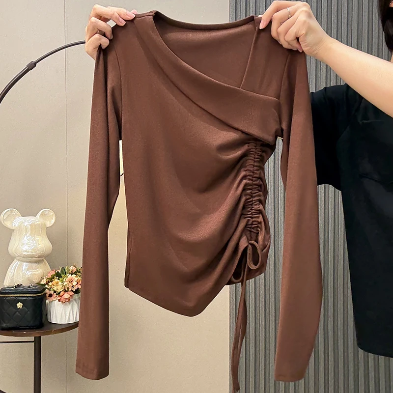 高级感斜领长袖T恤女春秋设计感别致抽绳打底衫不规则小众上衣服
