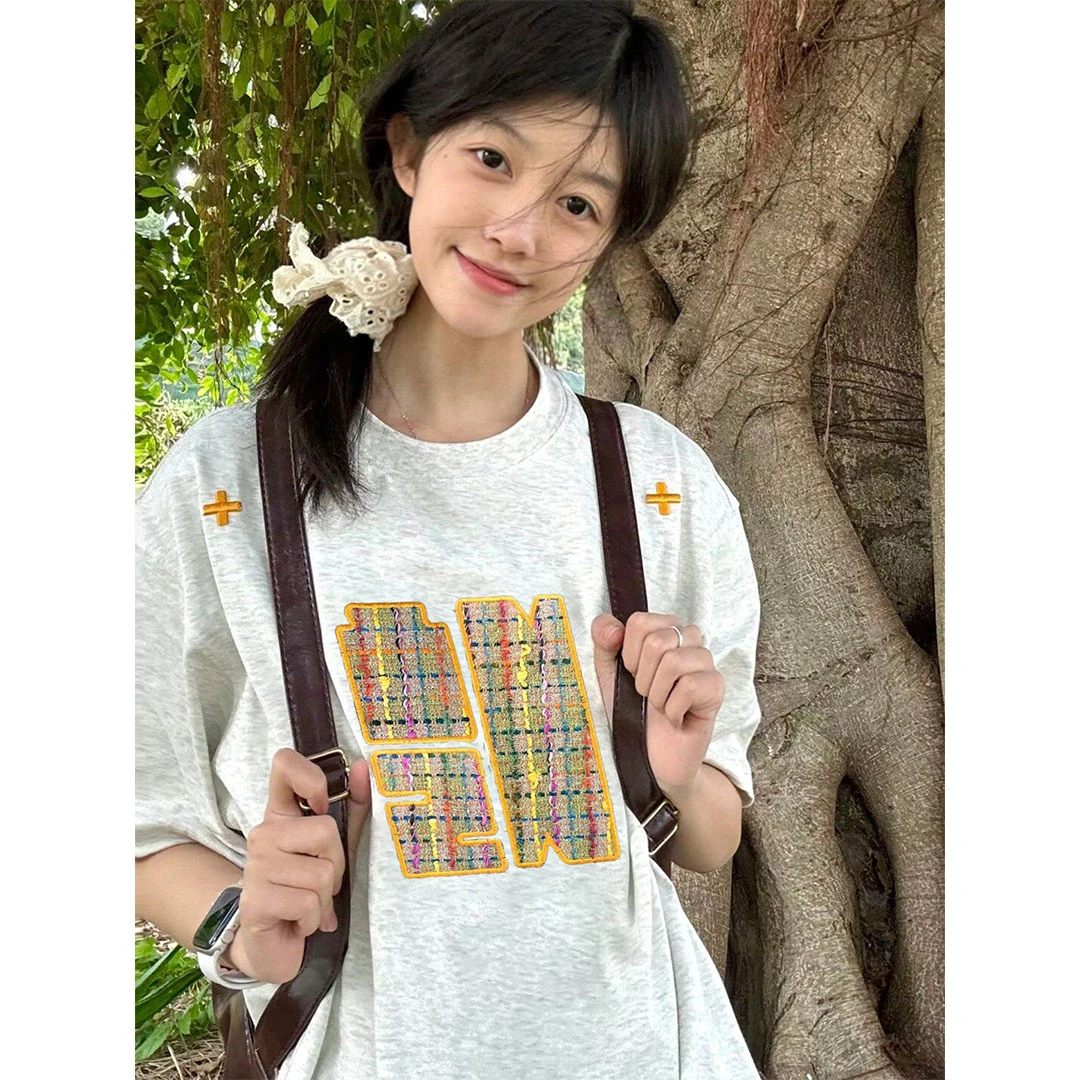 SUMBUR韩系学院风短袖夏季新款美式复古设计刺绣t恤宽松显瘦休闲