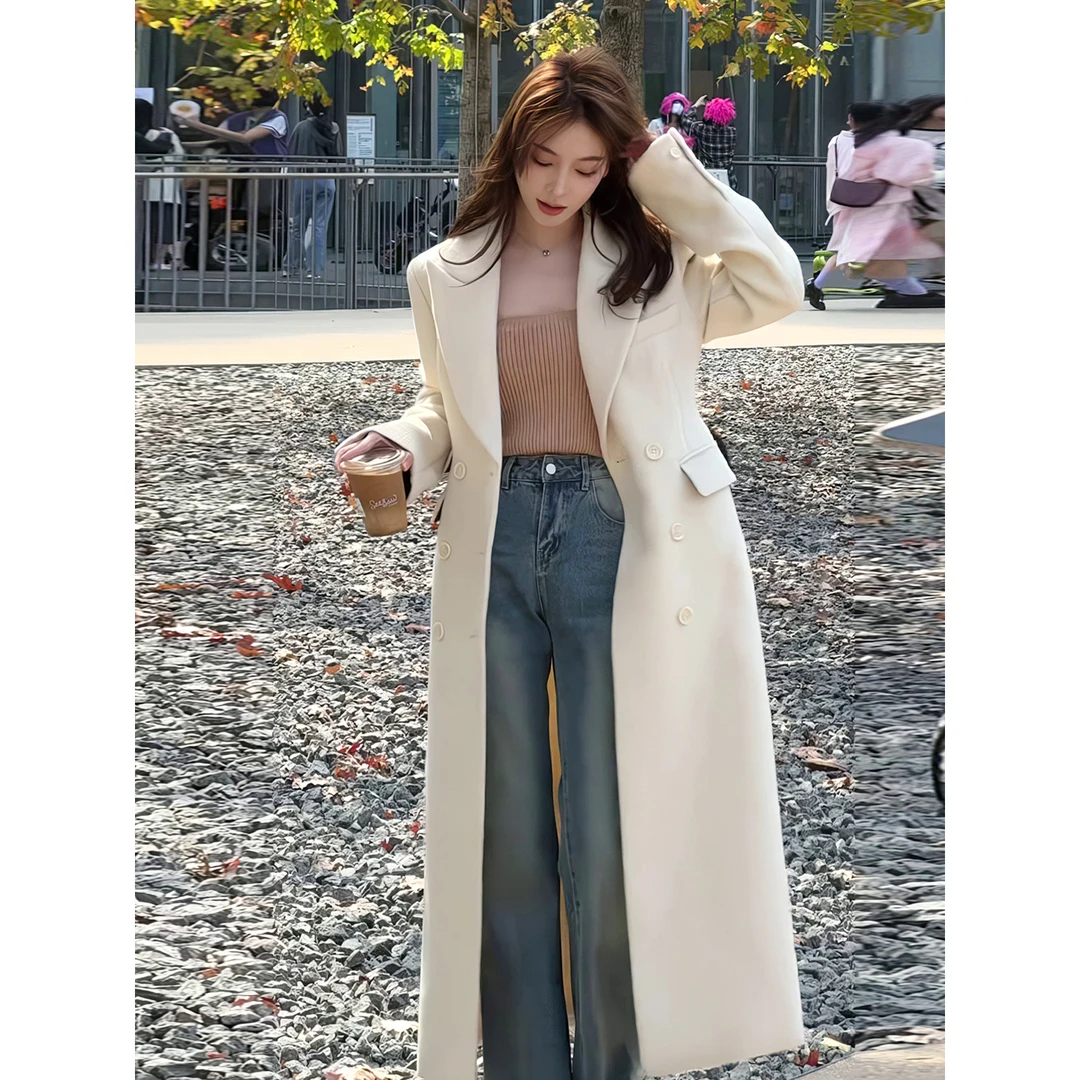 米白色冬季毛呢外套女新款韩版长款加厚显瘦高级感双排扣西装大衣