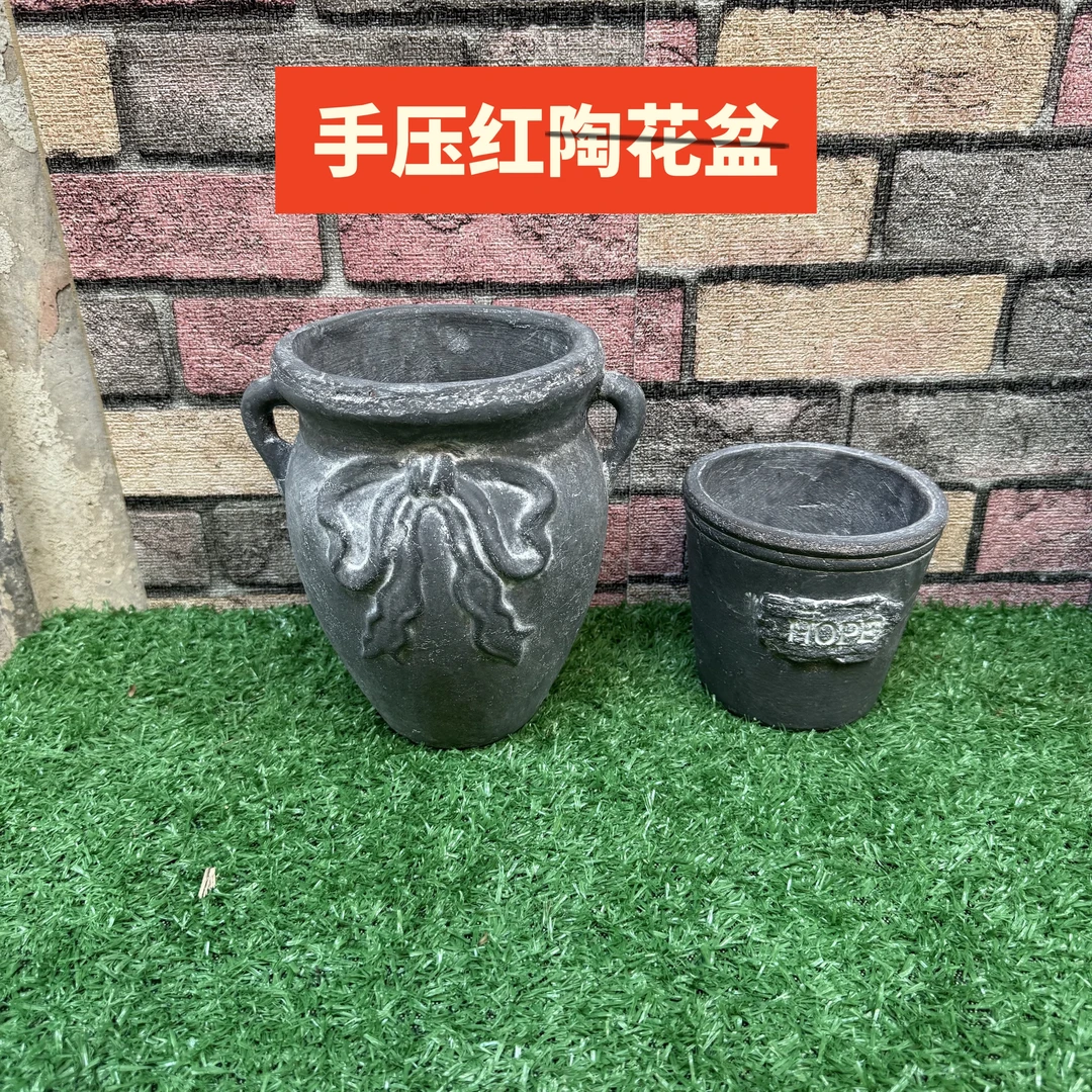 手工红陶粗陶土双耳花盆浮雕蝴蝶结欧式复古做旧创意透气陶土花盆
