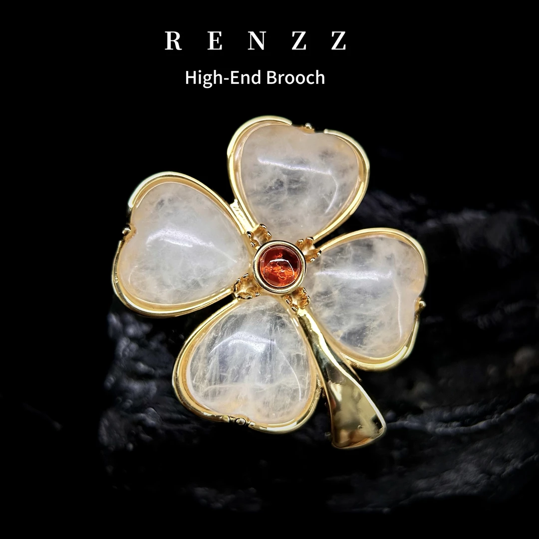 0389 天然水晶幸运草胸针