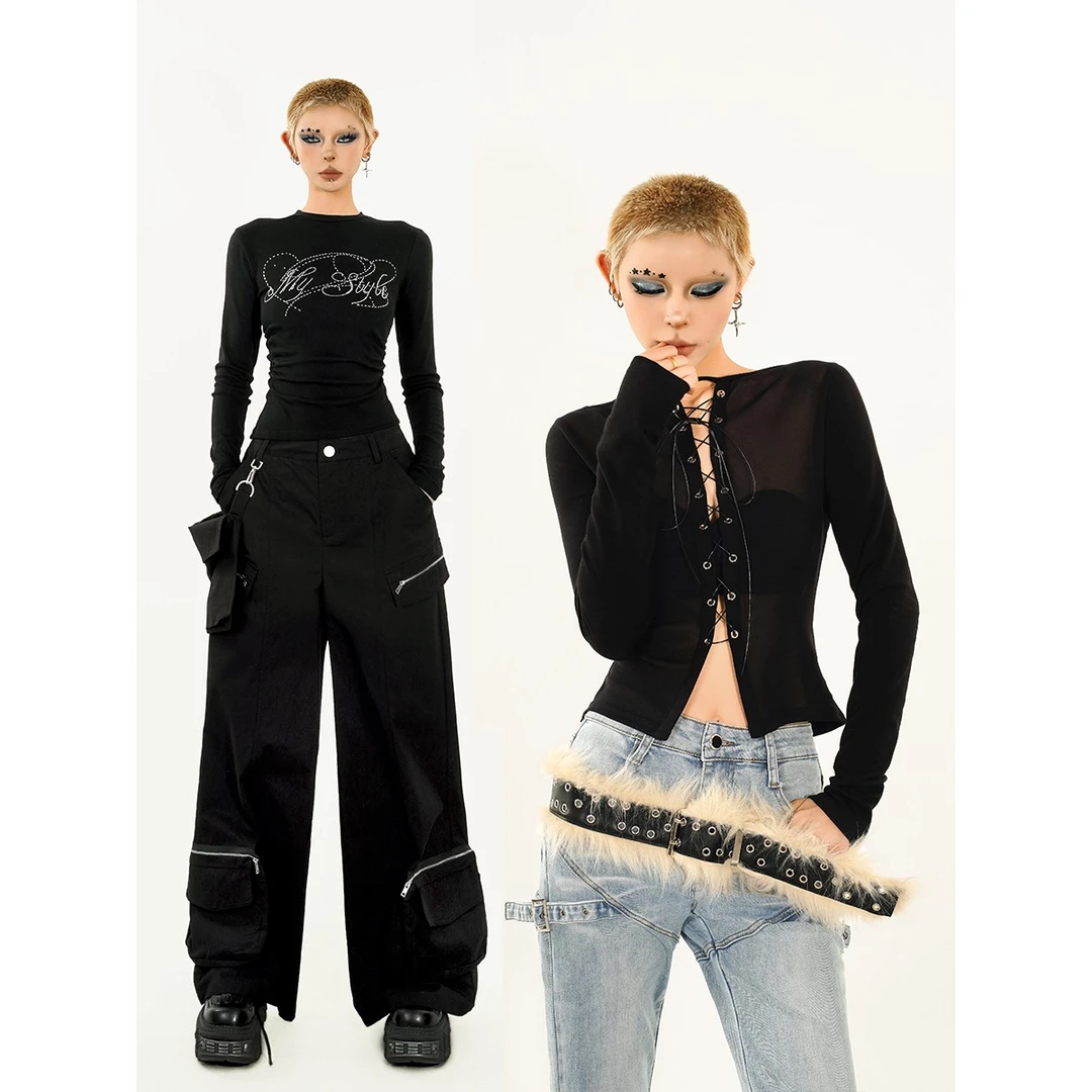 奶酷墨莉【现货】 美式辣妹两穿绑带T恤女烫钻字母T恤上衣S25230