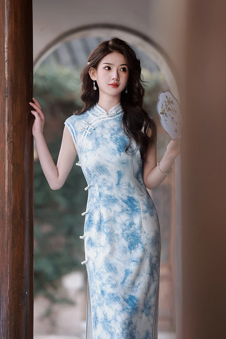 6089-JXY-无袖国风新中式长款改良旗袍2025新款年轻款少女旗袍