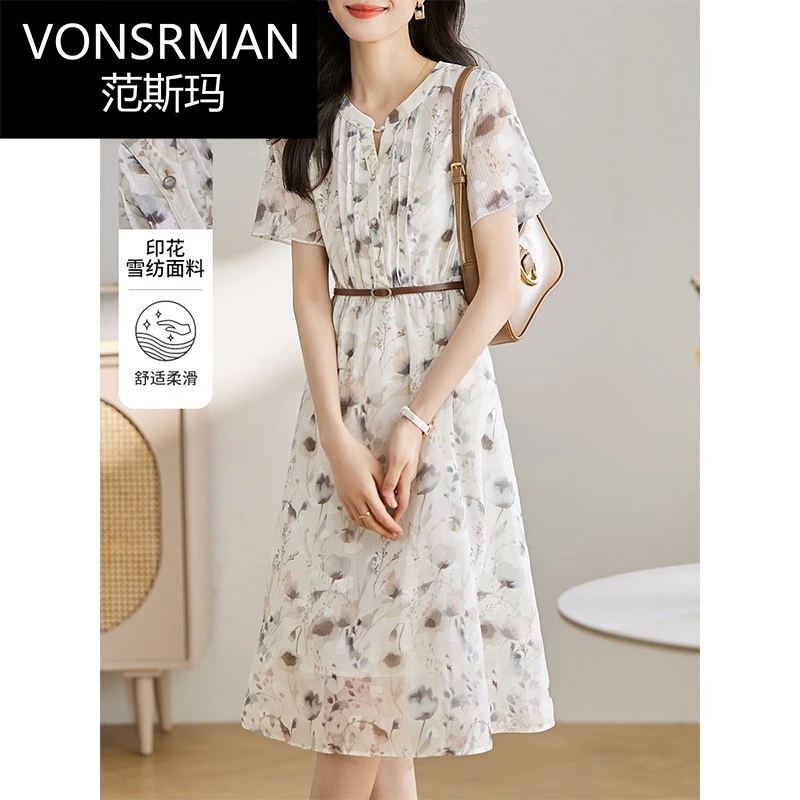 VONSRMAN御姐轻熟风收腰碎花雪纺短袖连衣裙今年流行爆款夏季薄纱