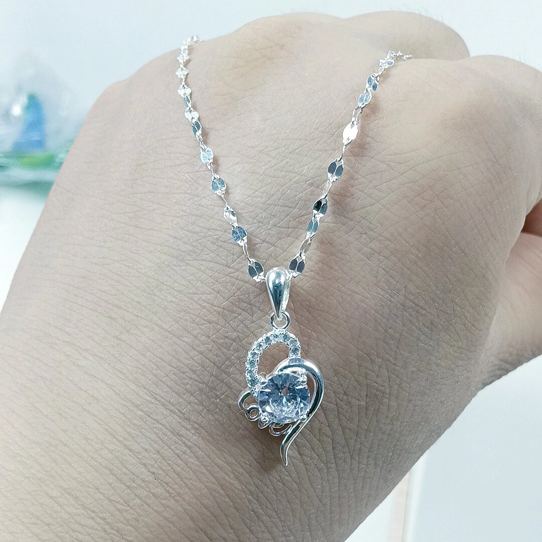 坠链均足银 足银精工合成锆石简约心中有你LOVE项链