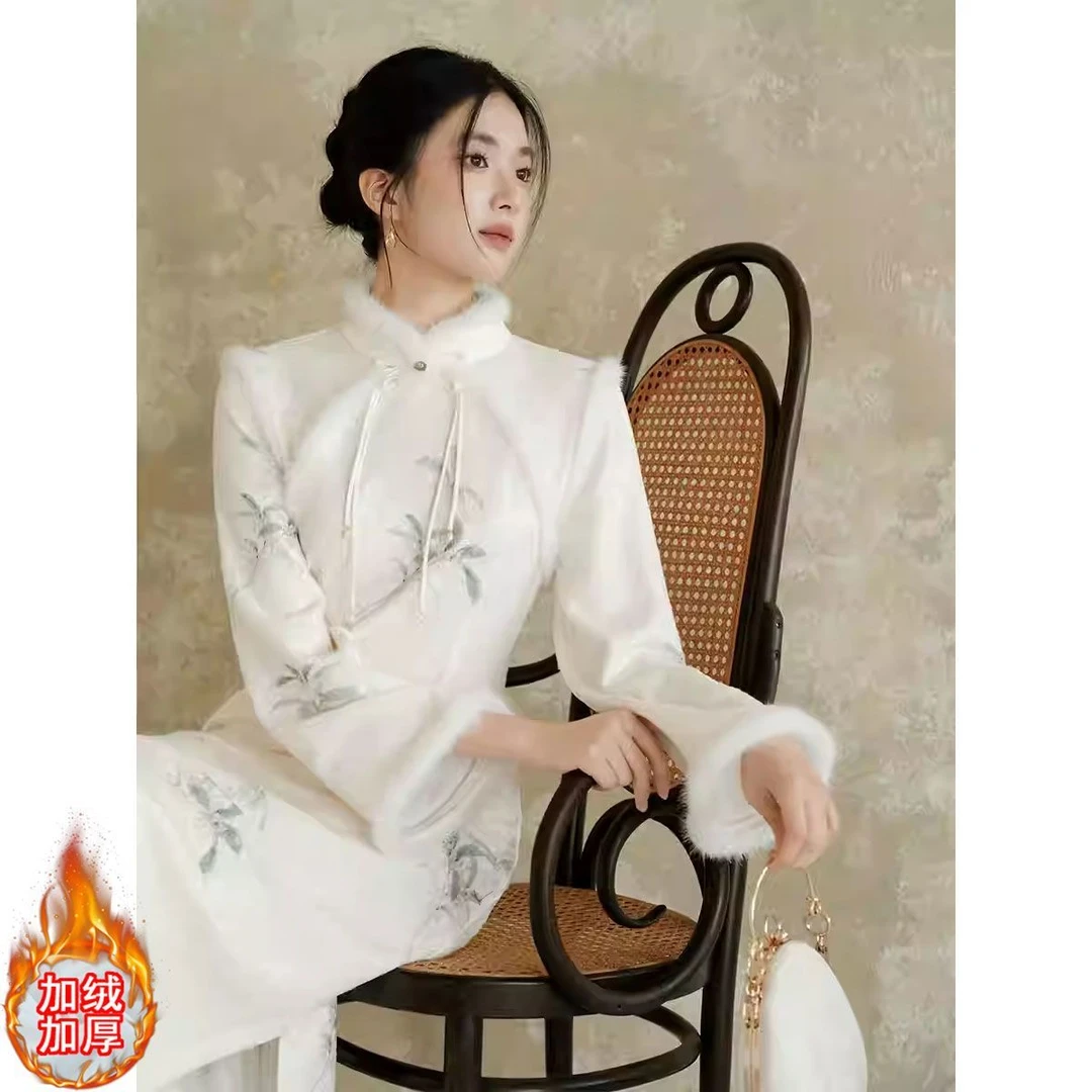 初蝉衣事新中式国风旗袍冬加绒磨毛白色提花气质连衣裙女订婚可穿