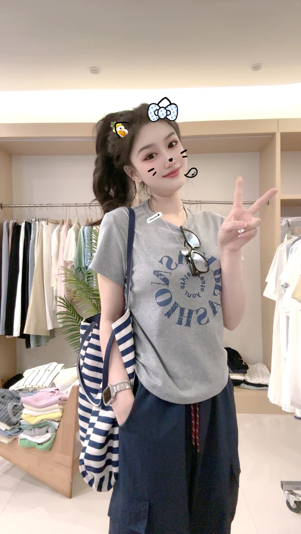 【雅婷专属】2025新款夏季时尚洋气百搭字母印花圆领短袖T恤（808）